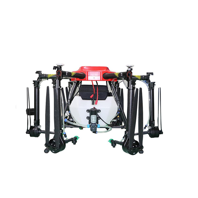 Agricultural drone sprayer with carbon fiber frame and six nozzles for efficient crop spraying and safe pesticide application.