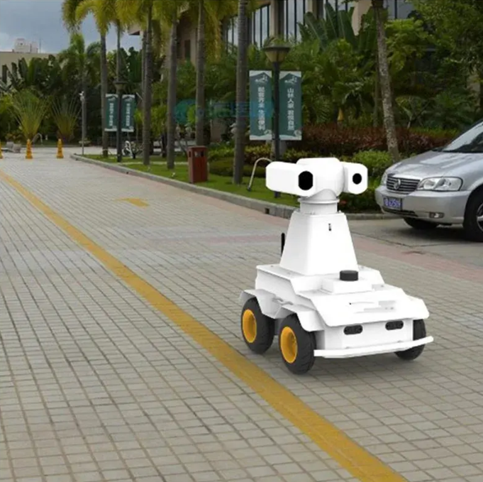 Front view of 4WD autonomous patrol robot with HD camera and intelligent navigation for outdoor inspection