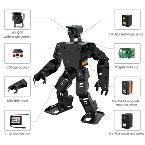 Front view of educational humanoid robot with aluminum frame, dual-axis HD vision camera, and 24 DOF movement system