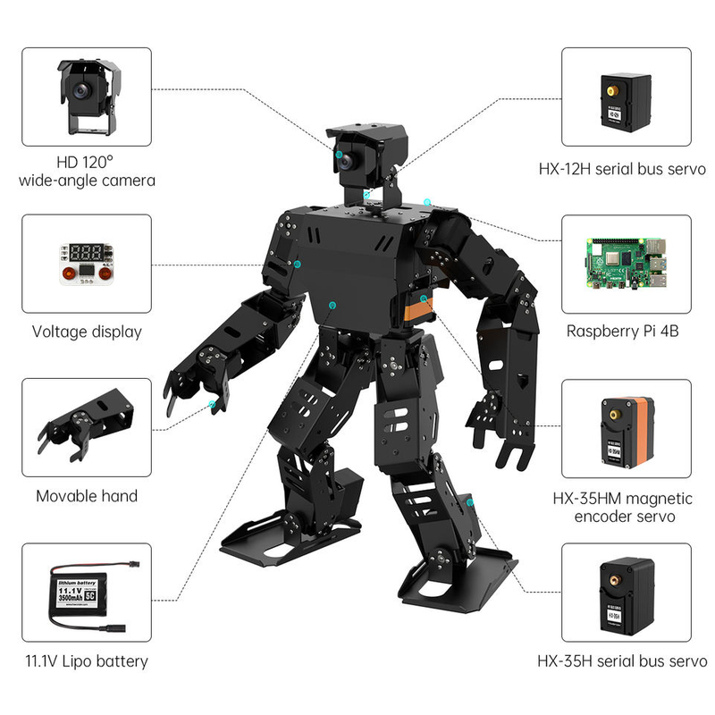 Front view of educational humanoid robot with aluminum frame, dual-axis HD vision camera, and 24 DOF movement system