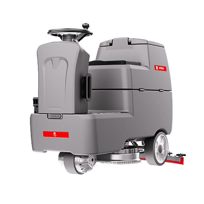 compact ride-on floor scrubber with dual brushes for industrial cleaning