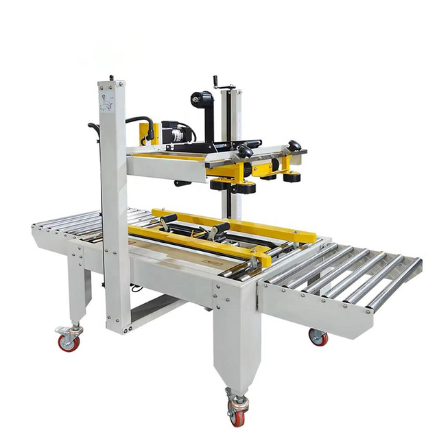 Semi-automatic carton sealing machine with top and bottom drive for fast packaging