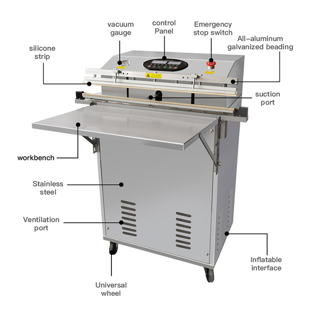 Industrial double pump vacuum sealer with stainless steel body for food and grain packaging.