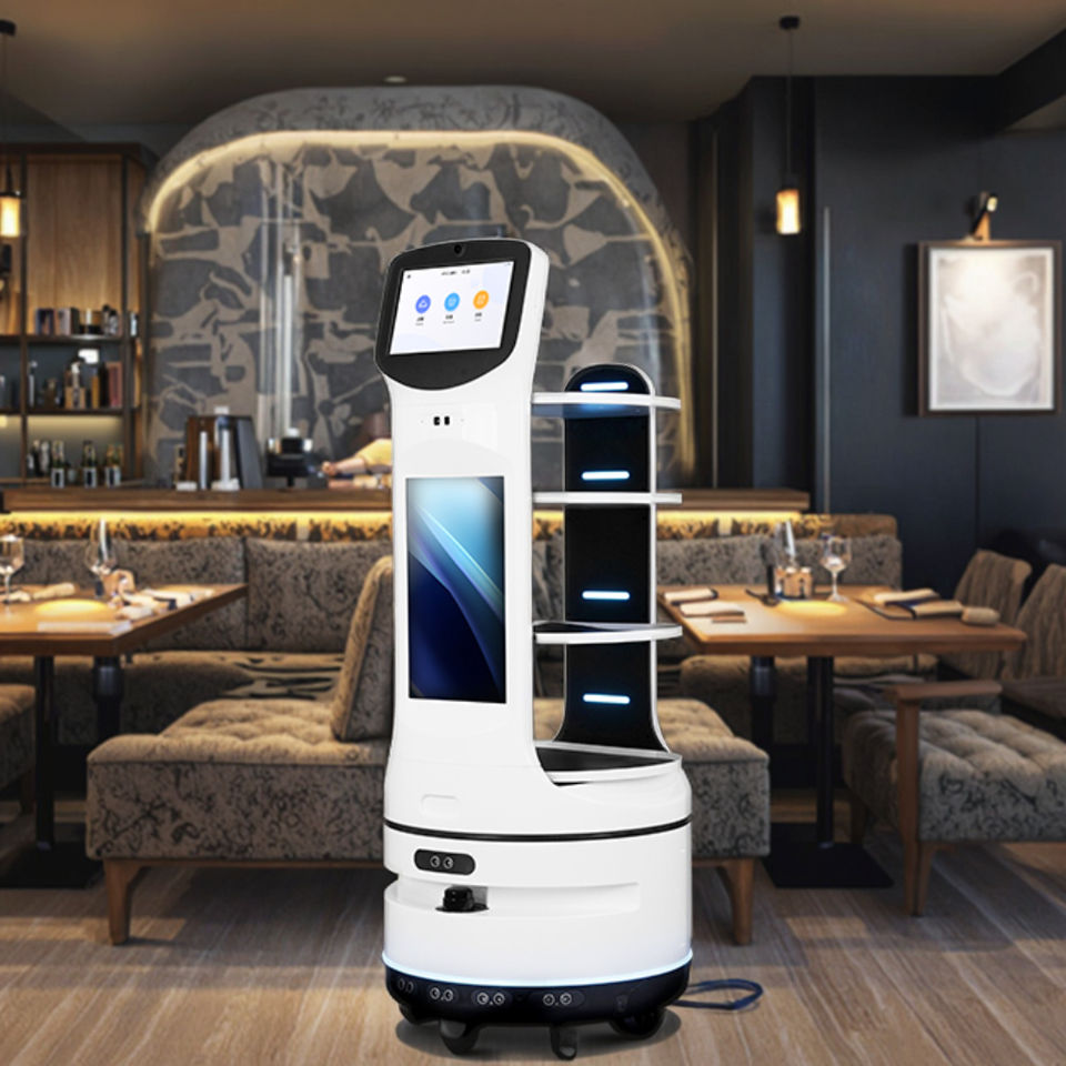 Restaurant serving robot delivering multiple dishes with obstacle avoidance and voice interaction