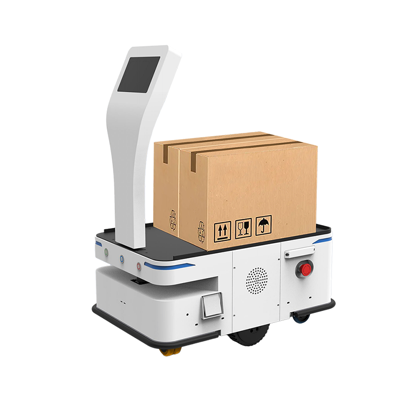 Front view of autonomous mobile robot for warehouse transport with compact metal body and laser navigation sensors