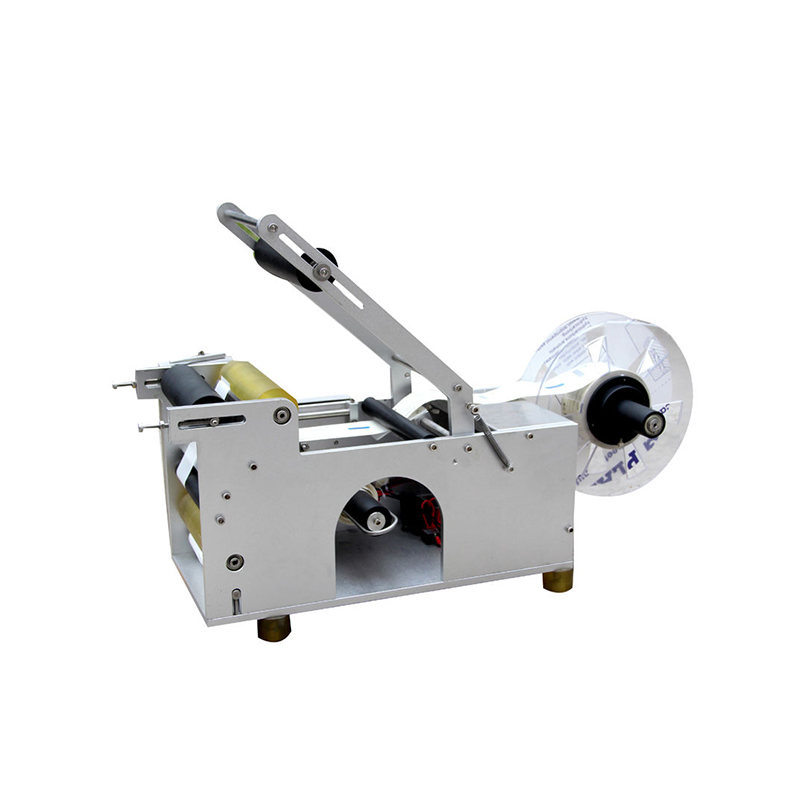 Semi-auto round bottle labeling machine with compact portable design for adhesive sticker application on cylindrical bottles.