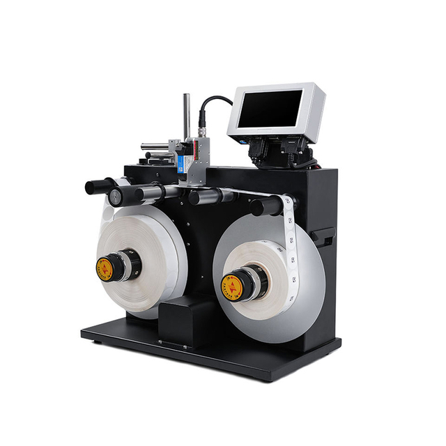 Desktop sticker label applicator with built-in rewinder for flat labels and bags