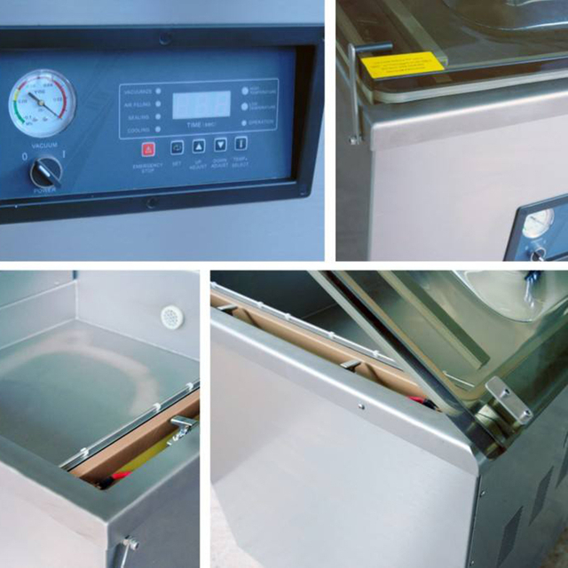 Automatic single chamber vacuum packing machine with large stainless steel structure for industrial food and commodity packaging.