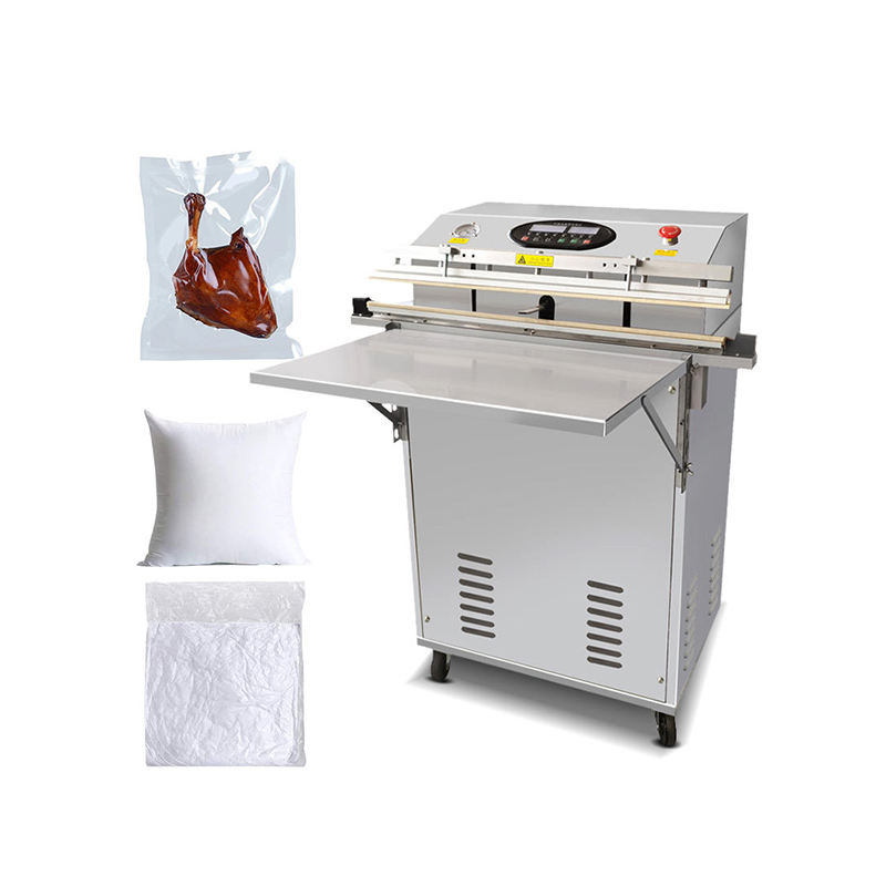 Industrial double pump vacuum sealer with stainless steel body for food and grain packaging.