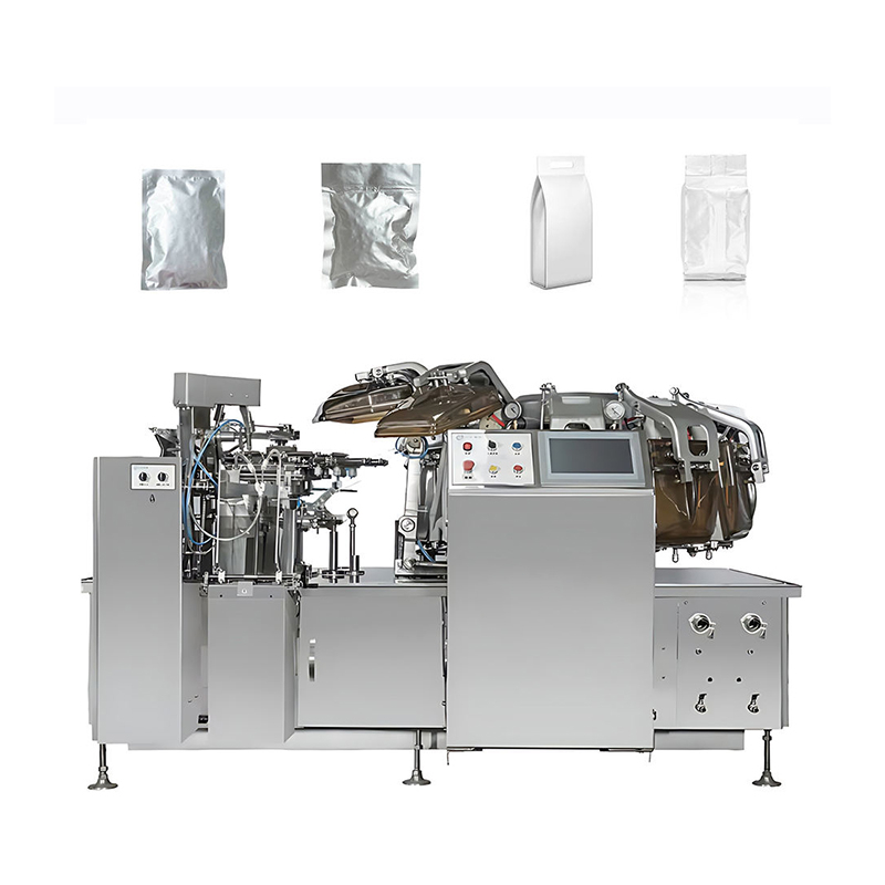 Electric automatic bag-feeding vacuum packaging machine for food products and prepared meals.