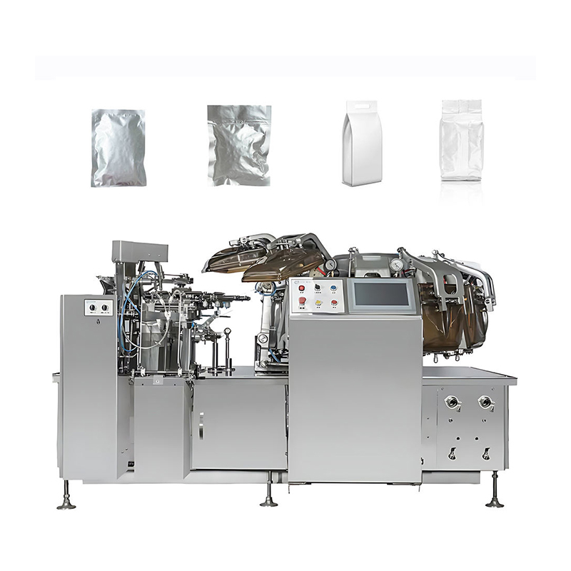 Electric automatic bag-feeding vacuum packaging machine for food products and prepared meals.
