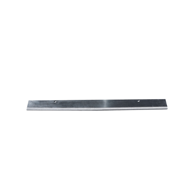 Front view of long fine serrated stainless blade for food processing and packaging machinery