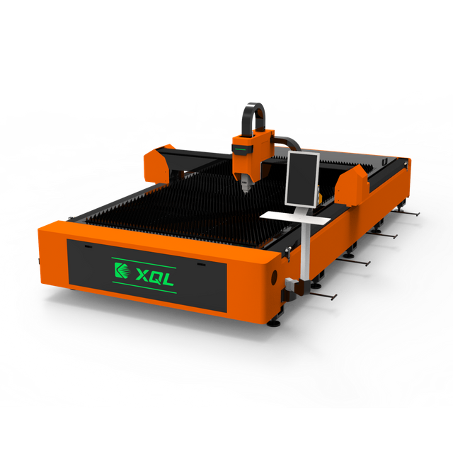 Industrial fiber laser metal cutting machine front view with compact design and automatic focusing laser head for high-precision metal cutting