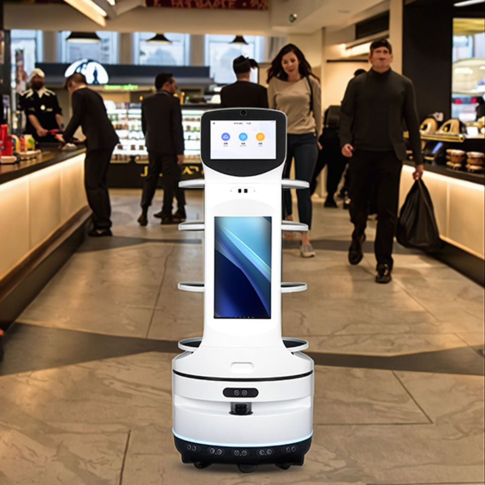Close-up of automatic waiter robot showing four non-slip trays and digital advertising screen