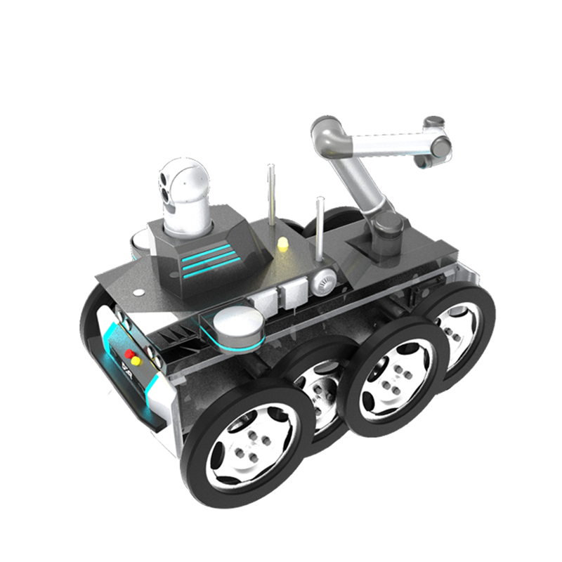 Front view of industrial outdoor patrol robot with panoramic camera and all-terrain chassis for security inspection
