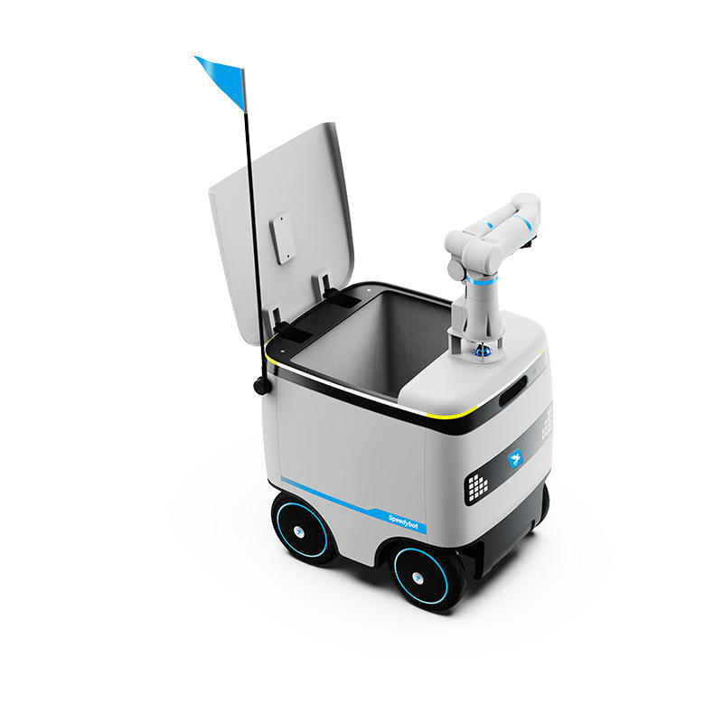 Front view of autonomous delivery robot with four-wheel drive and large capacity compartment for indoor & outdoor use