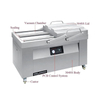 Industrial dual chamber vacuum sealing machine designed for commercial food processing and continuous packaging cycles.
