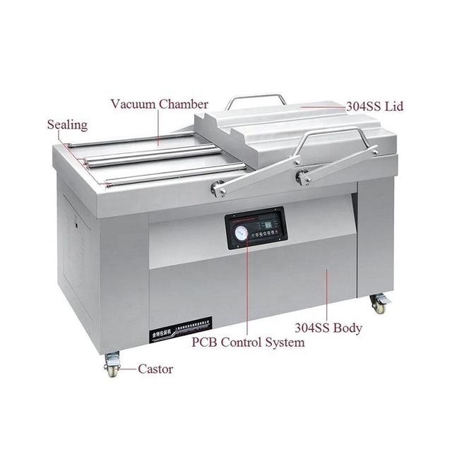 Double chamber commercial vacuum packing machine with stainless steel body and automatic operation for high-volume food packaging.