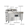 Industrial vacuum packing machine with dual chambers designed for meat, seafood, grains, and commercial food sealing.