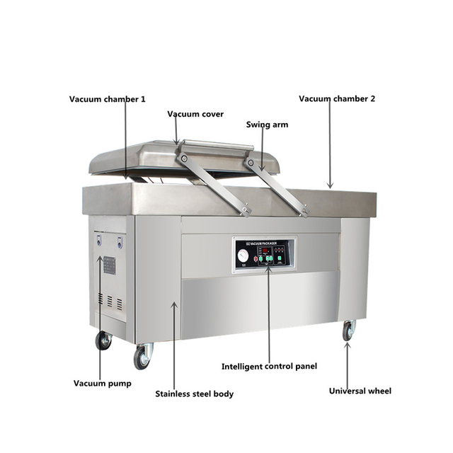 Double chamber industrial vacuum sealer for food packaging with stainless steel body and large vacuum chambers.
