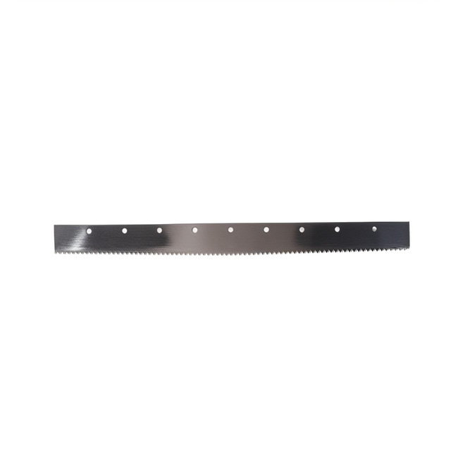 Front view of multi hole stainless serrated blade for food processing and packaging equipment