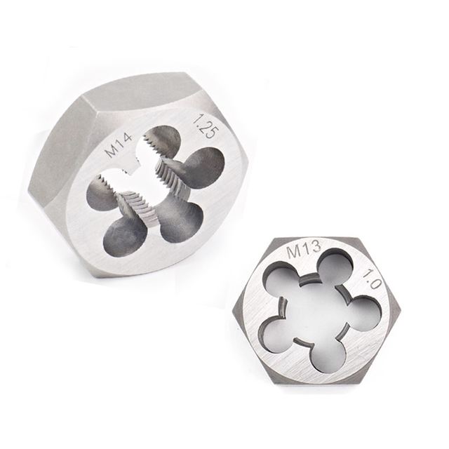 Metric hexagonal dies ranging from M3 to M36 with multiple pitch options designed for precision threading in machining applications