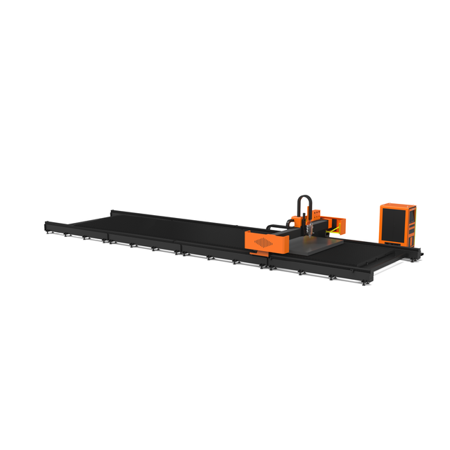 Front view of X13032AE hybrid CNC laser cutter for metal with dual laser and flame cutting heads on ground rail bed for high-precision industrial cutting