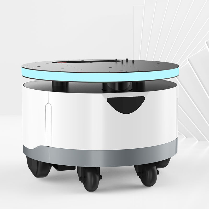 Front view of AGV robot chassis with LiDAR sensors and compact 450mm modular structure for mobile humanoid robots