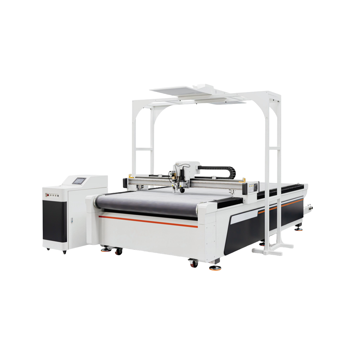 Full view of 3D laser cutting and vibrating knife system with automatic feeding rack and smart camera positioning for high-speed material cutting