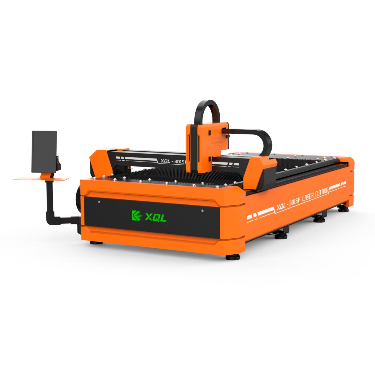 Front view of XQL-3015F 2kW CNC fiber laser cutting machine with automatic focusing head and integrated compact design for industrial metal cutting