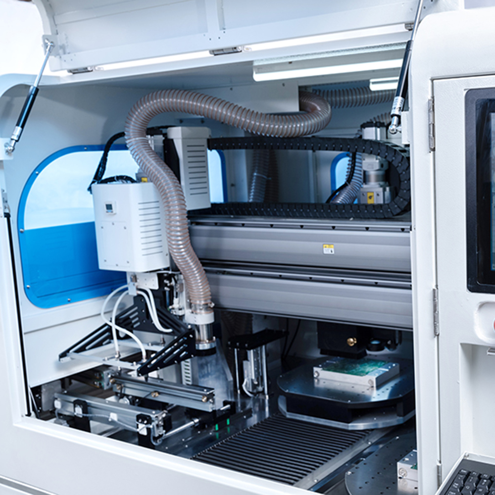 Dual workstation PCB saw cutting automation system with upper vacuum dust removal and precise depth management