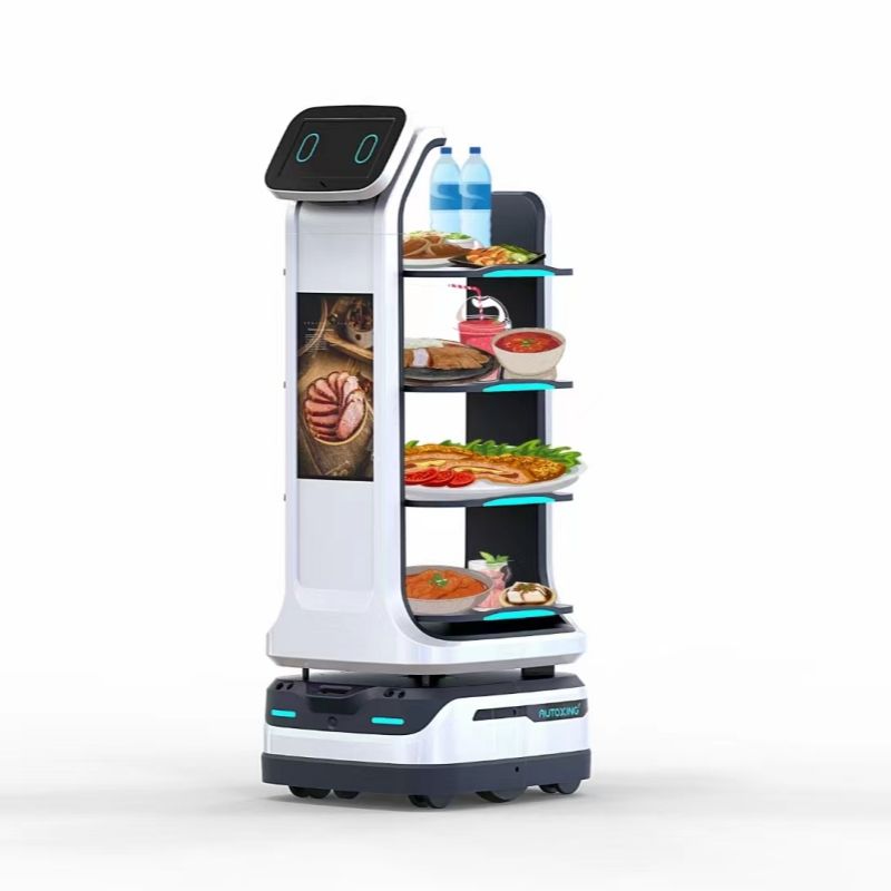 Front view of smart restaurant delivery robot with 4 trays, HD screen, and autonomous navigation system