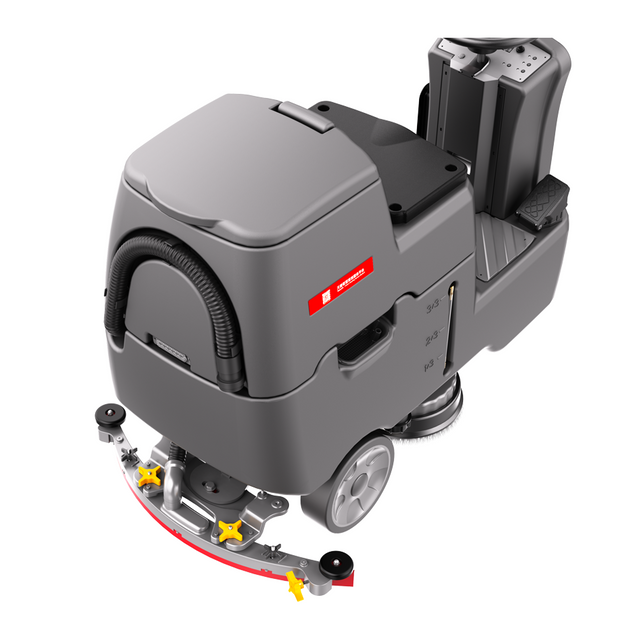 compact ride-on floor scrubber with dual brushes for industrial cleaning