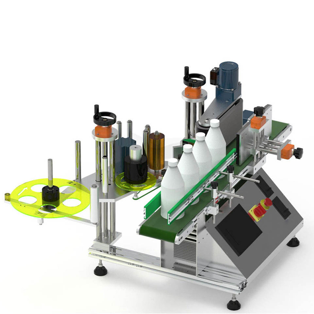 Electric desktop round bottle labeling machine PLM-C for wrap-around labels on bottles, jars, and cans, compact tabletop design.