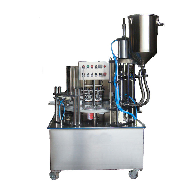 Rotary automatic filling and sealing machine for beverage and food cups using foil or film
