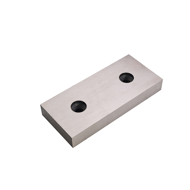 Front view of tool steel rolling mill blade with dual holes for precision coil cutting operations