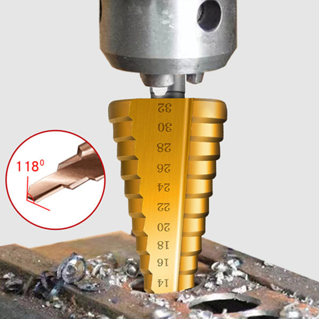 M35 cobalt-containing pagoda step drill bit designed for drilling stainless steel and high-hardness metals with multi-stage hole sizing