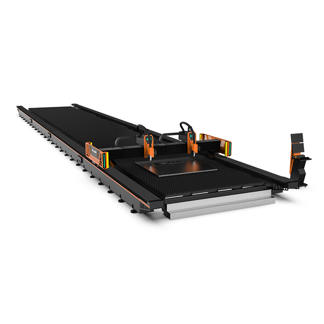 Front view of industrial ground rail fiber laser cutting machine for large metal sheet processing with dual cutting heads and split-type gantry design