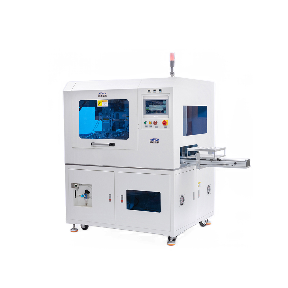 Front view of XONJE XJVC-10A inline rotary table PCB router performing dual-axis V-groove cutting with automatic loading and unloading