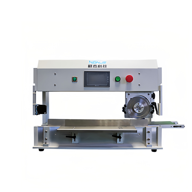 Front view of XONJE XJV-2D knife splitting machine with sliding circular blade and fixed base for high-precision PCB cutting
