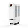 Front view of intelligent hotel and office delivery robot with autonomous navigation and sleek white design