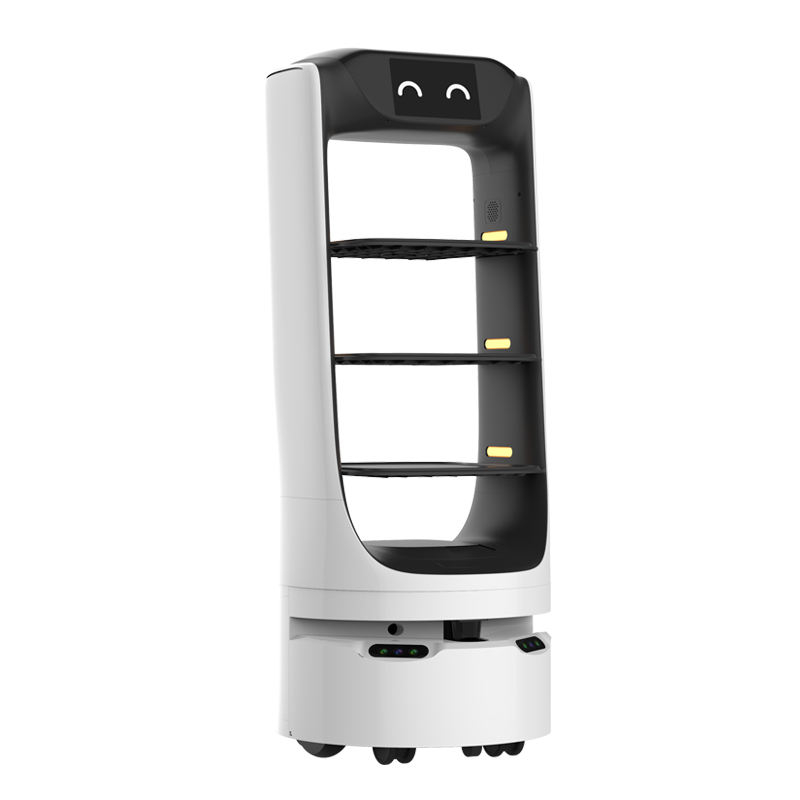 Front view of autonomous restaurant service robot with 3 trays and laser navigation for indoor food delivery