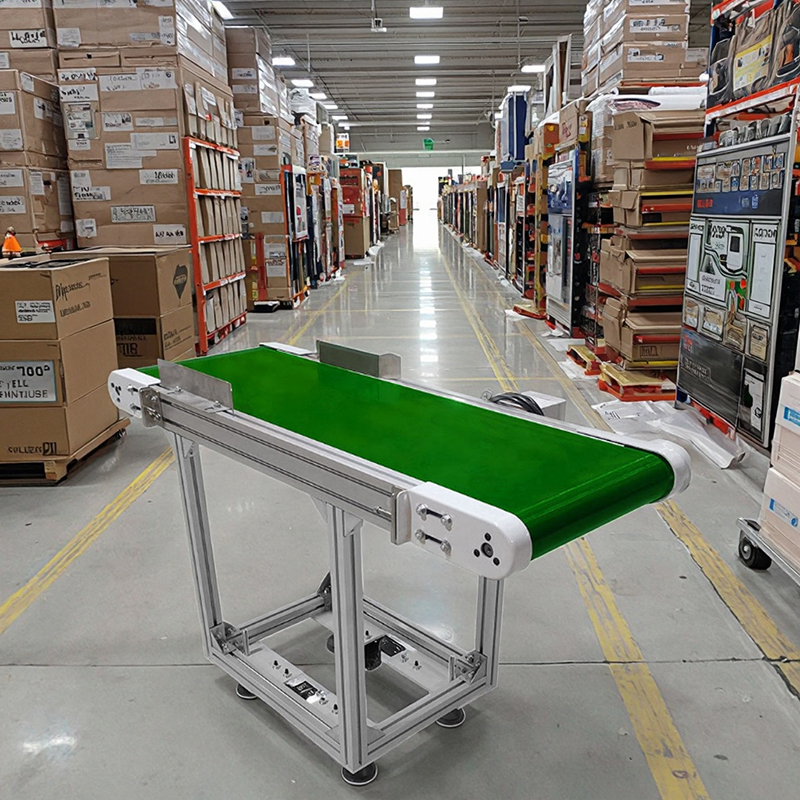 Mini conveyor with durable PVC belt and adjustable height for warehouse operations