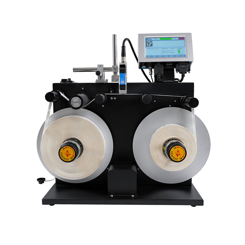 Desktop sticker label applicator with built-in rewinder for flat labels and bags