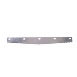 Front view of industrial stainless serrated blade with multiple mounting holes for food machinery