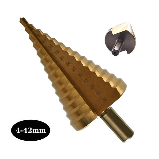 4–42mm straight flute pagoda step drill bit with golden coating and 118-degree X-type opening for accurate, stable drilling