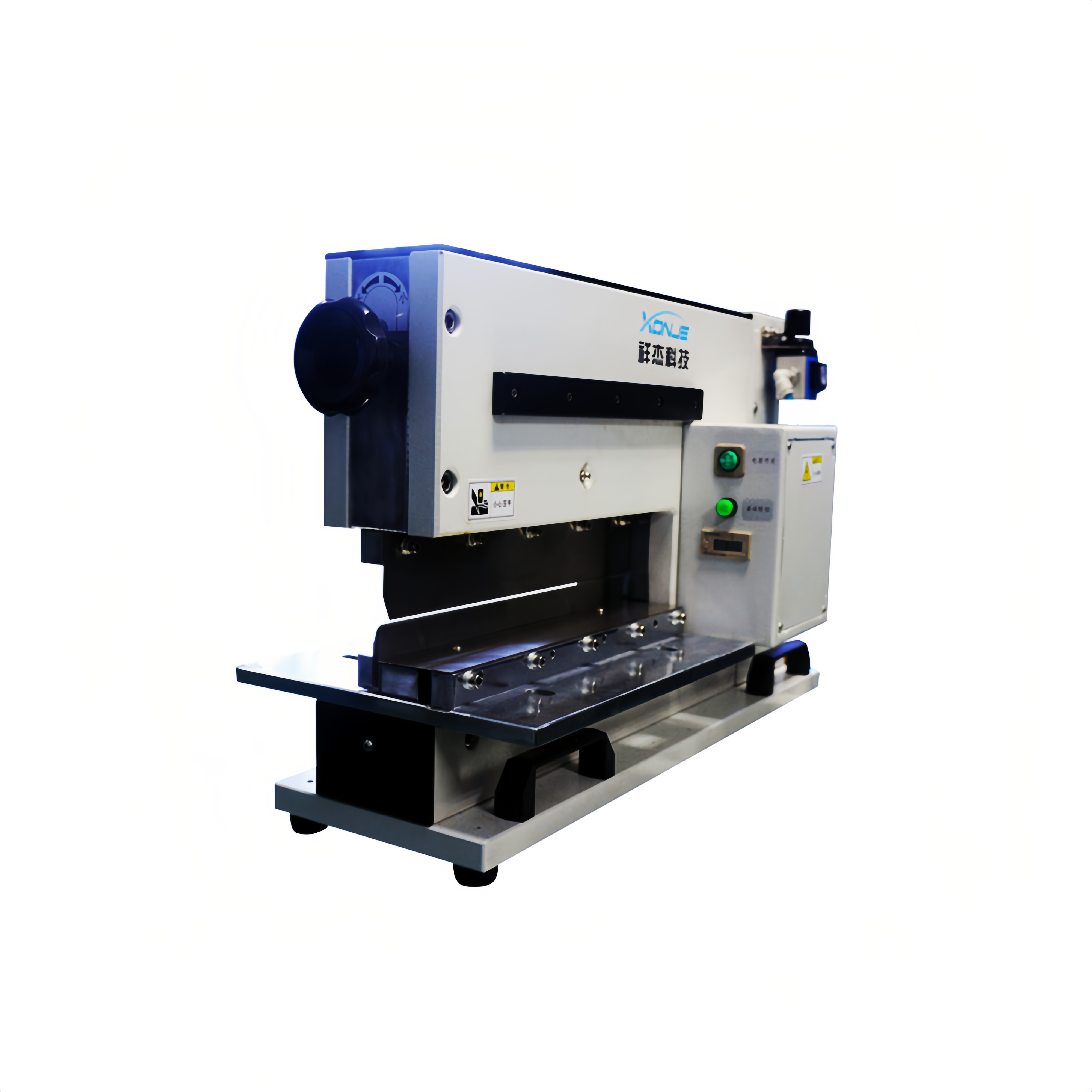 Front view of XONJE XJVC-2E PCB depaneling machine with pneumatic control and micro stress wedge cutting design
