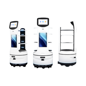 Front view of four-layer commercial food delivery robot with advertising screen and autonomous navigation