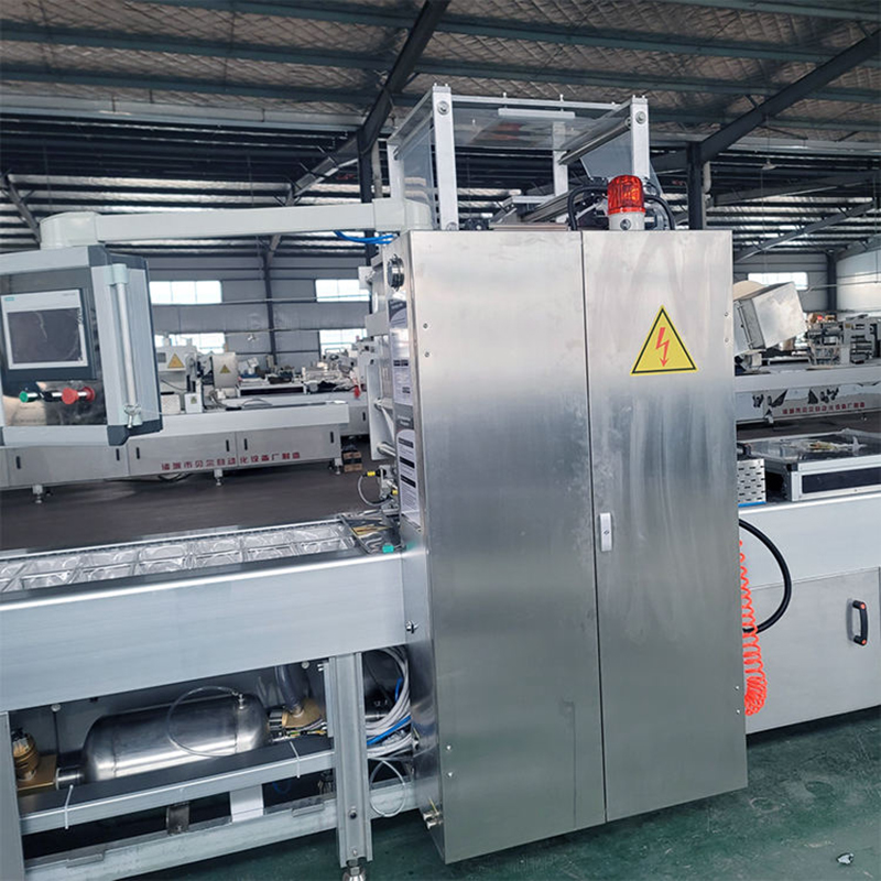 Top view of industrial thermoform packaging line with forming, sealing, and cutting stations.