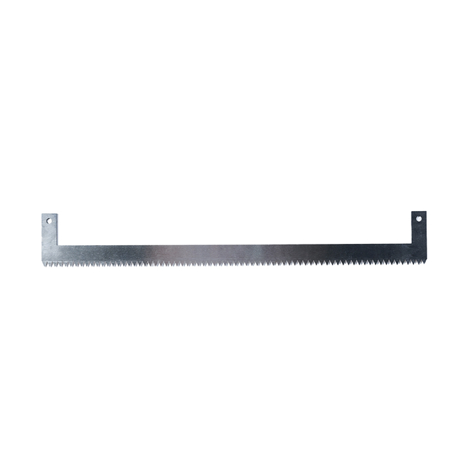 Front view of L shaped stainless serrated blade for food processing and packaging machinery
